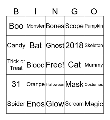 Scope Halloween Bingo Card