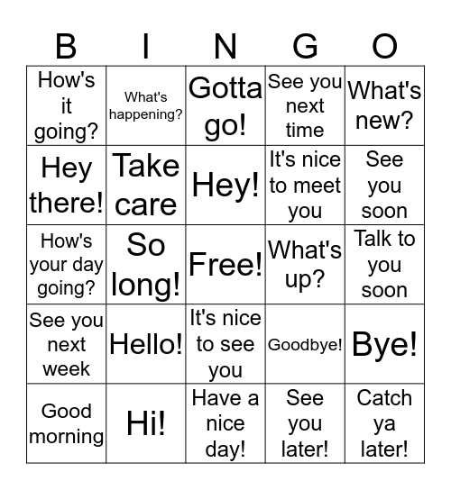 Hello and Goodbye! Bingo Card