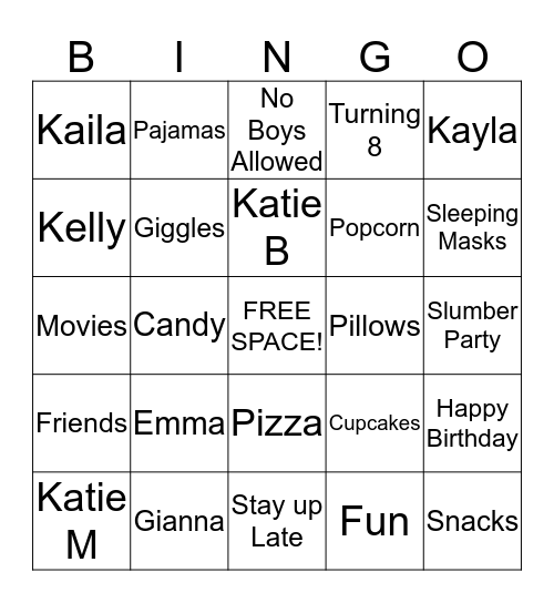 Katie's Slumber Party Bingo Card