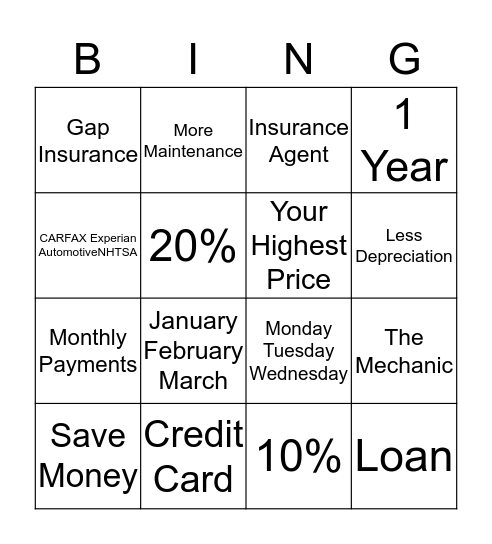 How to Buy a Car Bingo Card