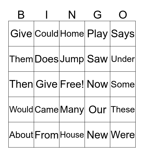 2G Power Word Bingo Card