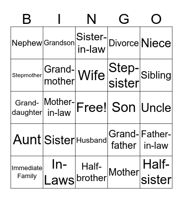 Family Vocabulary Bingo Card