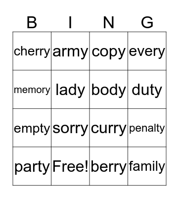 Long 'e' - 'y' words Bingo Card