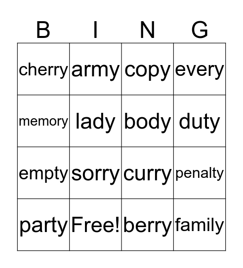 Long 'e' - 'y' words Bingo Card