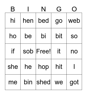 open and closed syllables Bingo Card