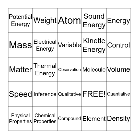 Physical Science Bingo Card