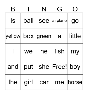 Sight Word Fun Bingo Card