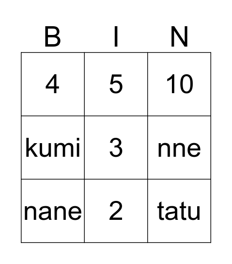 Namba:  0 - 10 Bingo Card