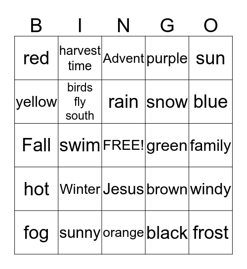 Seasons, Colors, and ? Bingo Card