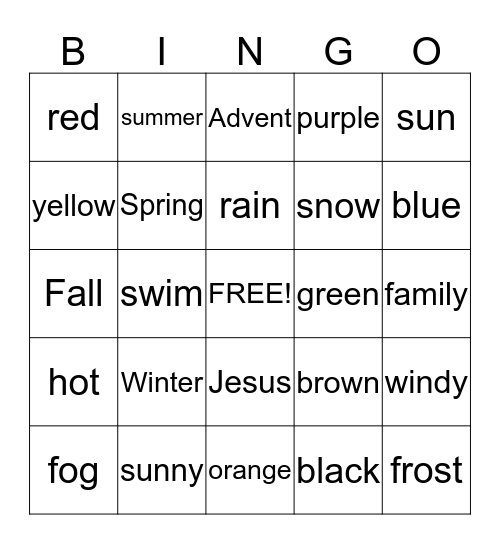 Seasons, Colors, and ? Bingo Card