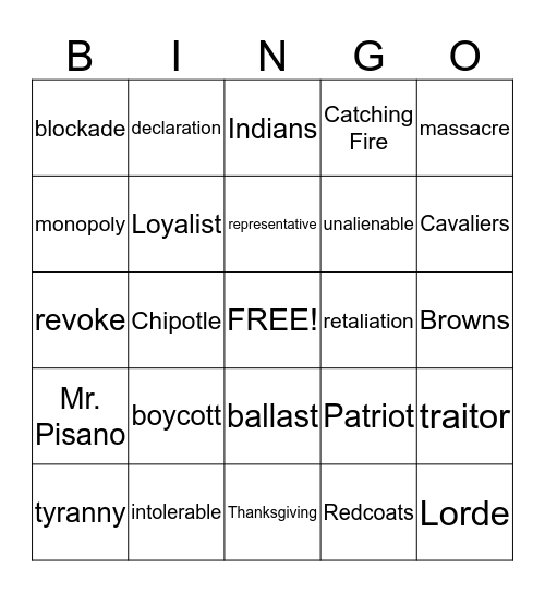 Revolutionary War Bingo Card