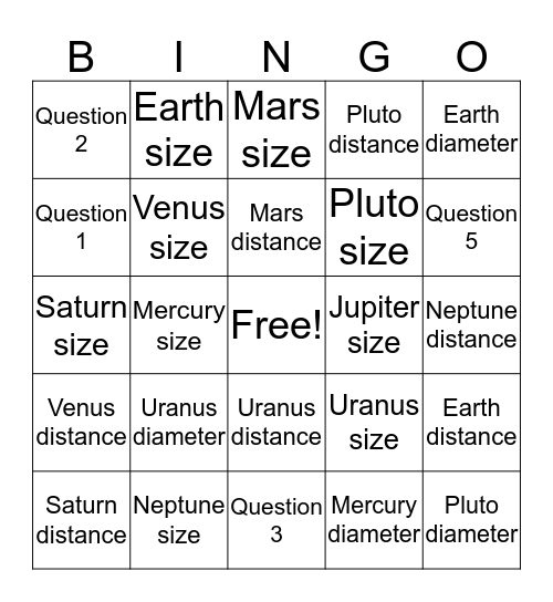 Solar System Virtual Lab Bingo Card