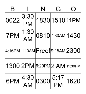 MILITARY TIME Bingo Card