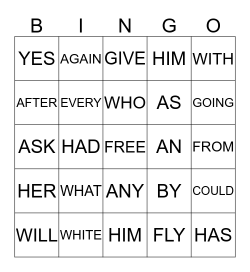 DOLCH SIGHT WORDS 5 Bingo Card