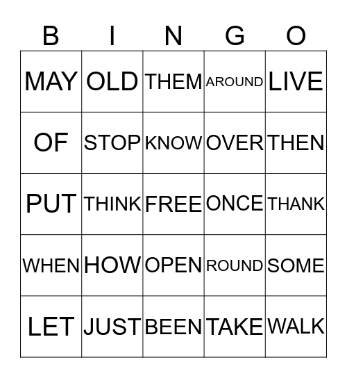 DOLCH SIGHT WORDS 6 Bingo Card