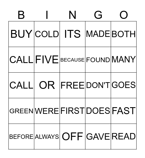 DOLCH SIGHT WORDS 6 Bingo Card