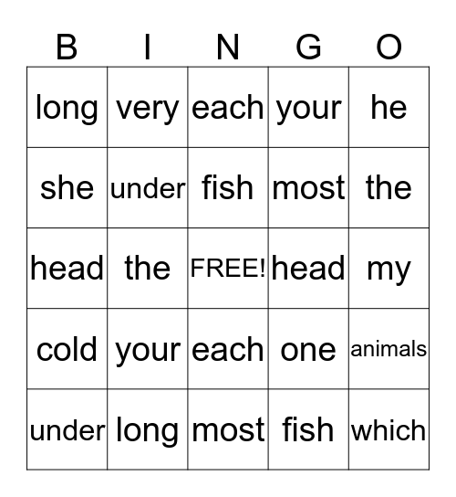 Can you read these words? Bingo Card