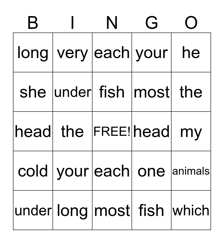 Can You Read These Words Bingo Card
