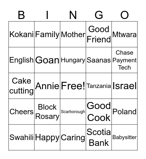 Annie's 70th Birthday Bingo Card