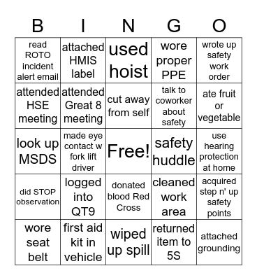 Safety Week 2018 Bingo Card