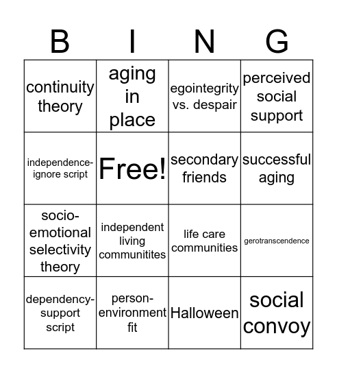 Social & Emotional Development in Late Adulthood Bingo Card