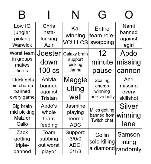 VCU LCS BINGO Card