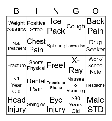 Urgent Care Bingo Card