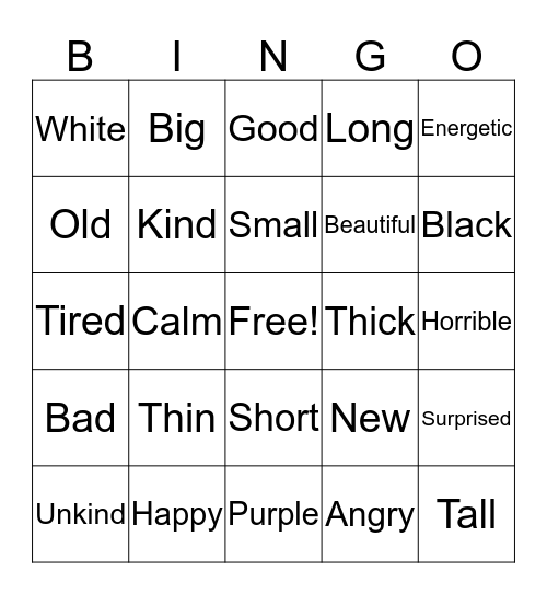 Adjectives Bingo Card