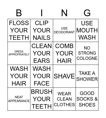 PERSONAL HYGIENE Bingo Card