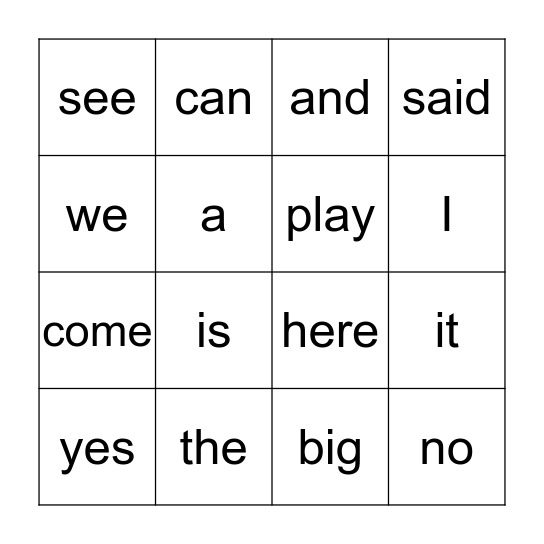 Sight Word Bingo Card