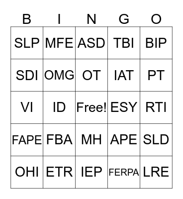 SPECIAL EDUCATION ACRONYM BINGO Card