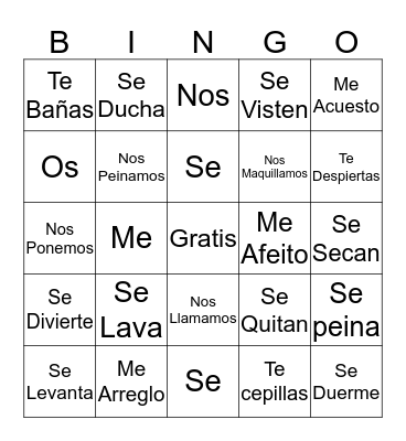 Reflexive Verbs Bingo Card