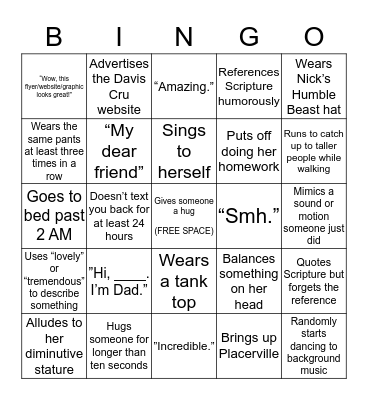 Jessica Bingo Card
