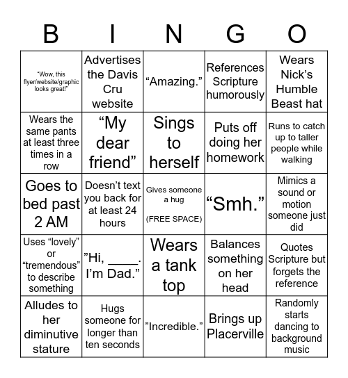 Jessica Bingo Card