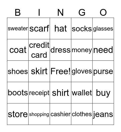 Shopping for clothes Bingo Card