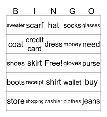 Shopping for clothes Bingo Card