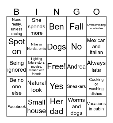 Beni-Drea Bingo Card