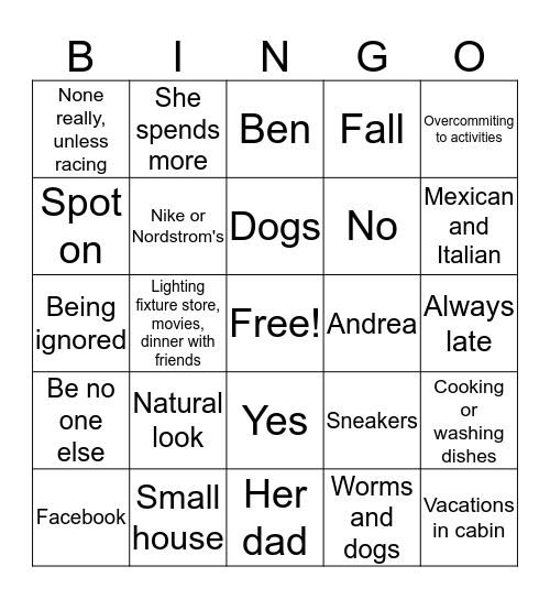 Beni-Drea Bingo Card