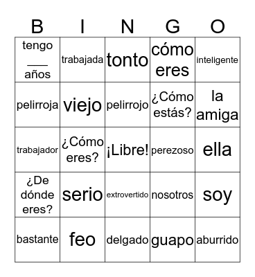 Spanish Adjectives  Bingo Card