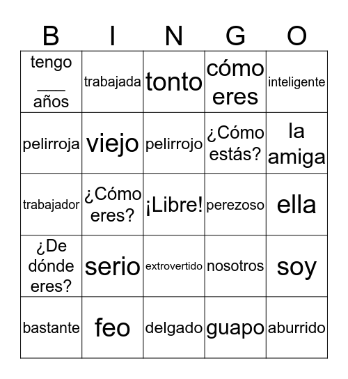 Spanish Adjectives  Bingo Card
