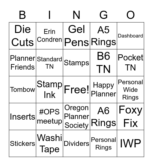 Oregon Planner Society Bingo Card