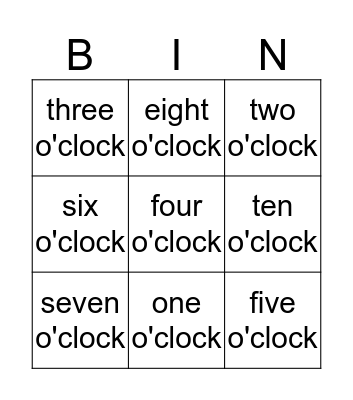 What time is it? Bingo Card