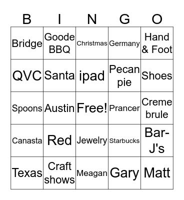 Susan's Favorite Things Bingo Card