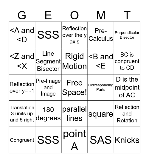 Geometry Bingo Card