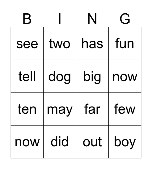 Sight words Bingo Card