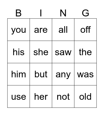 Sight words Bingo Card