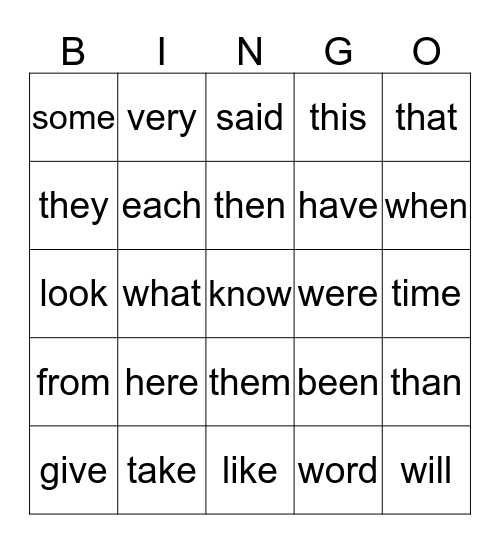 Sight words Bingo Card