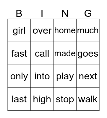 Sight words Bingo Card