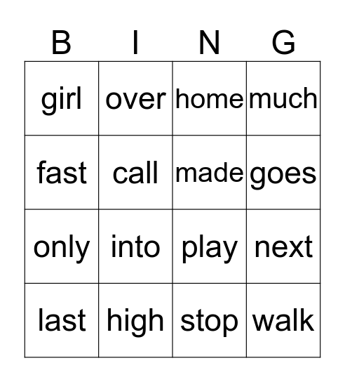 Sight words Bingo Card