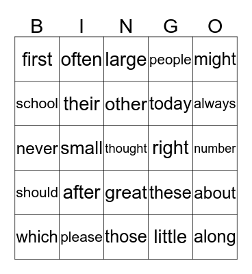 Sight words Bingo Card
